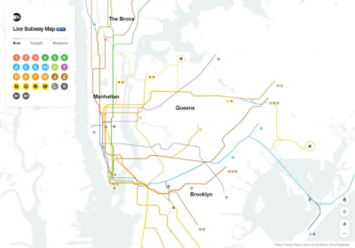 MTA Live Subway Mapを開いたところ。これだけ見るとただのシンプルな路線図だが……