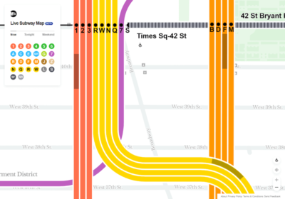 「MTA Live Subway Map」最も拡大させた状態。路線上にある色が濃い部分が、現在走行している車両。だから「Live」マップなのだ