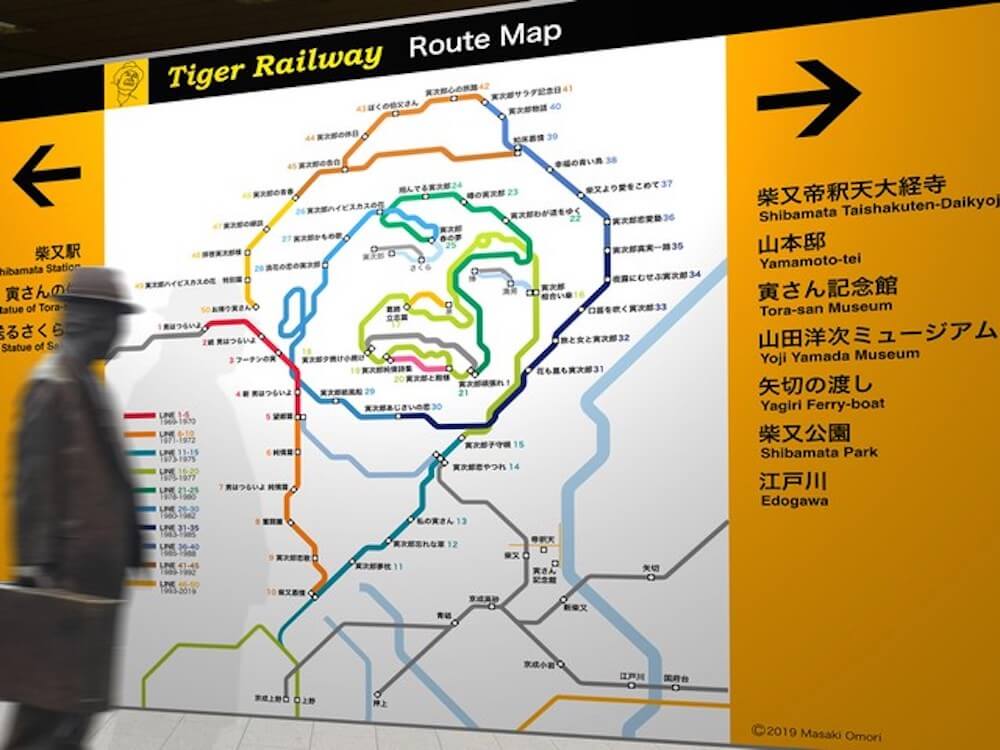寅さん路線図。作者の大森さんは生粋の阪神ファンでもあるので、「Tiger Railway」のロゴが阪神タイガースっぽくなっている。（写真提供：大森正樹さん）