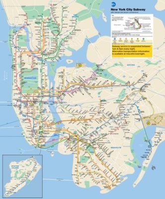 ニューヨーク地下鉄路線図（新型コロナウィルス対策期間用）右上にある、黄色バックの囲みに「午前1時から午前5時のあいだ運休」と書いてある