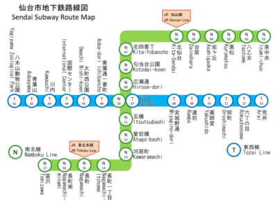 仙台市地下鉄の路線図。緑の南北線が折れ曲がり「卍」のような形に