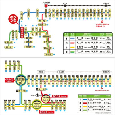 長崎電気軌道の路線図。上が2018年。下が2021年のもの。2018年のほうが実際の路線に近い
