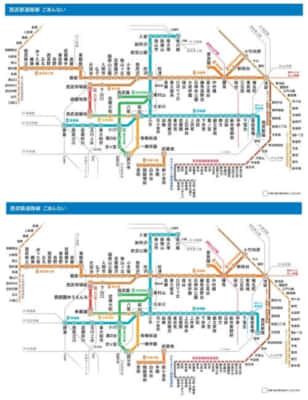 西武鉄道の路線図。上がダイヤ改正前、下がダイヤ改正後のもの。違いは……？