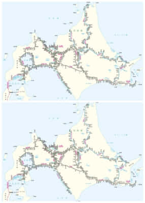 JR北海道の路線図。上がダイヤ改正前、下がダイヤ改正後のもの