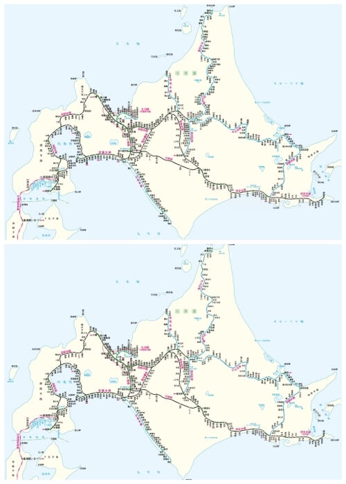 JR北海道の路線図。上がダイヤ改正前、下がダイヤ改正後のもの